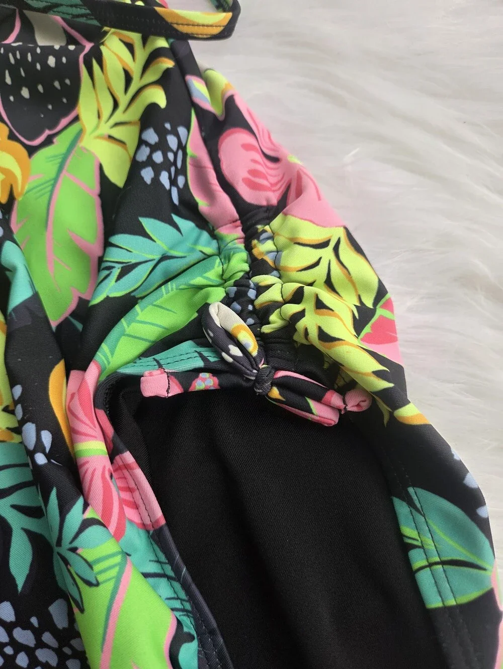 Old Navy - Kids Bead-Cutout One-Piece Swimsuit - Black with Neon Prints - Size